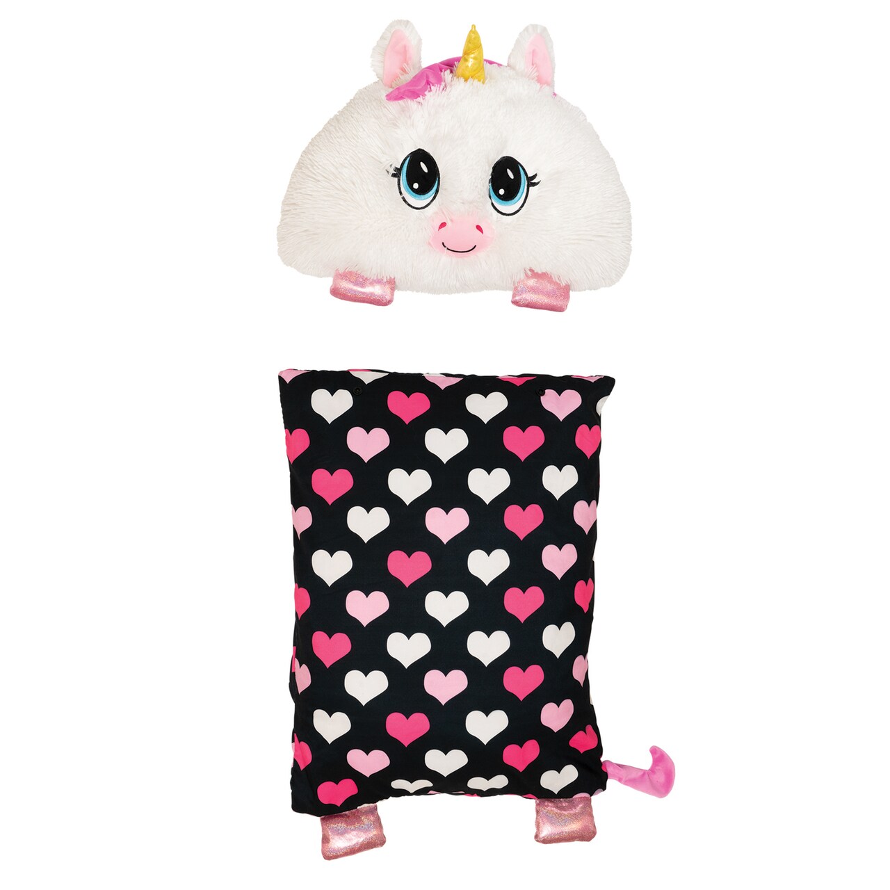 Happy Nappers: FluffALuff Pet - Unicorn - 2-In-1: Plush Character & Snap-On Pillowcase, White-Pink, Soft-Huggable, Cover Fits Standard Size, Play-Nap